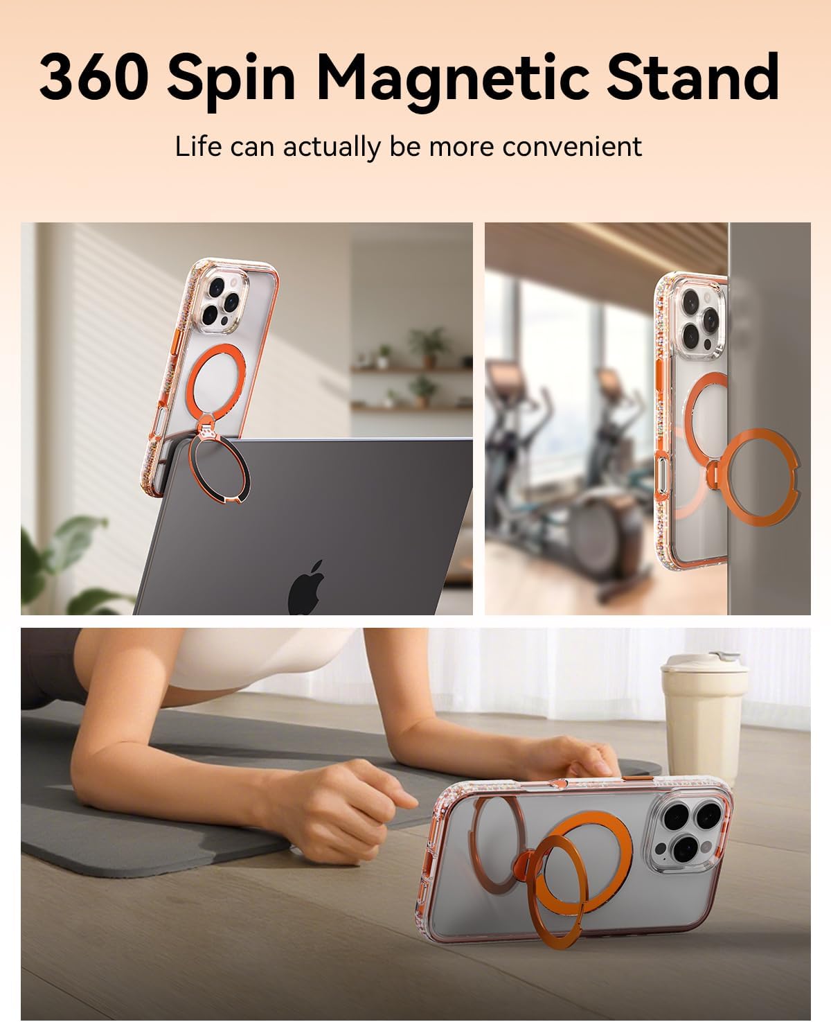 RAPTIC 360°Spin Magnetic Stand for iPhone 16 Pro Max Case, Compatible with Magsafe, [360° Air-Filled AirJoy Beads] Military-Grade Shockproof Protective Case with Kickstand, 6.9-inch Orang