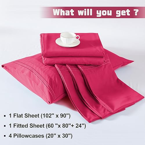 Miniatura 5 de Homiest Juego de sábanas de bolsillo extra profundo, 6 piezas suaves de color rosa intenso de 18 a 24 pulgadas, sábanas de microfibra de lujo de