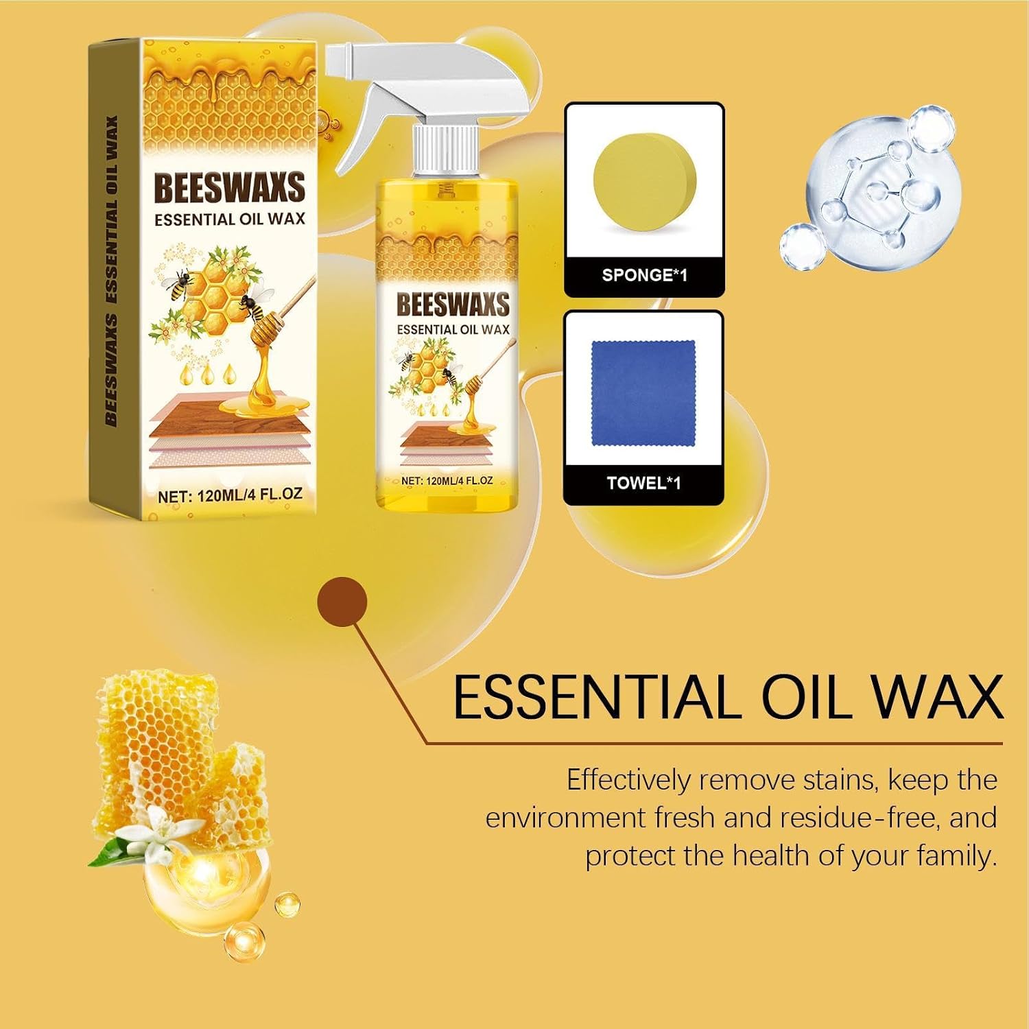 Beeswax Furniture Restorer — многофункциональный спрей для очистки дерева с губкой и полотенцем для ухода за поверхностями | 120 мл. Средство для полировки и ухода за полами, столами, стульями, мебелью в гостиной и для ухода за домом