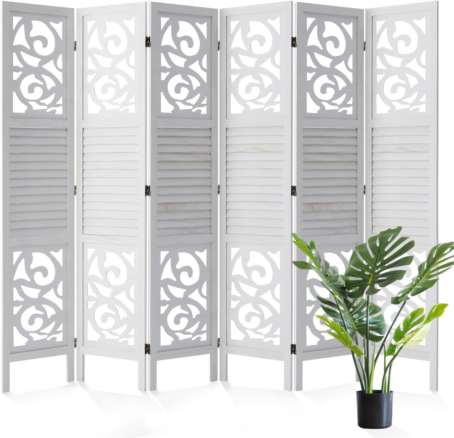Room Dividers,5.6 Ft Wood Double Carved Wall Divider Indoor Folding Portable Partition Screen for Home Office Garden Terrace - 6 Panel (White)