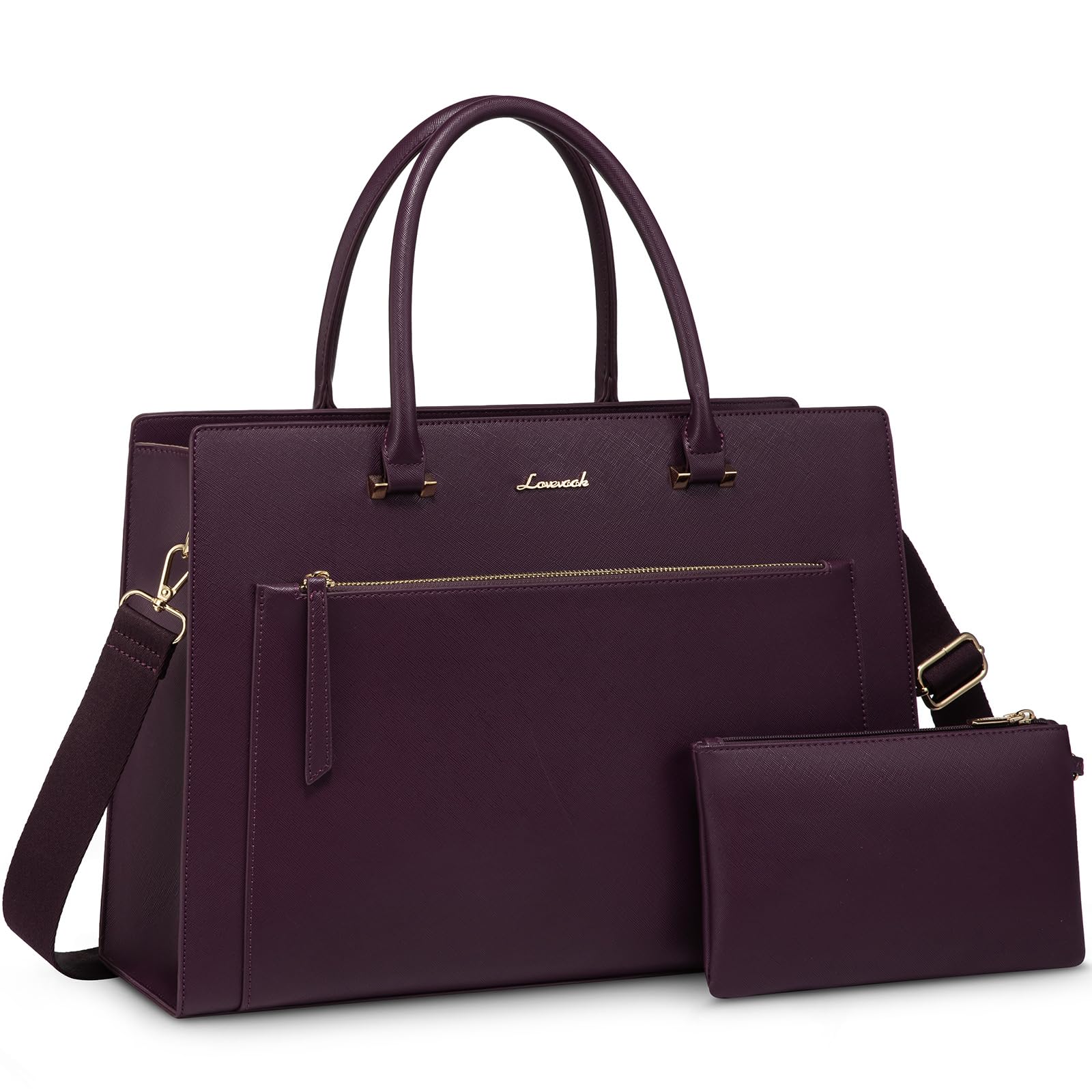 LOVEVOOK Laptop Bag for Women, 15.6 Inch Leather Tote Bag with Cup Holder &amp; Detachable Clutch, Waterproof Professional Briefcase for Office, Business, Teacher, Commuting, Classic Purple