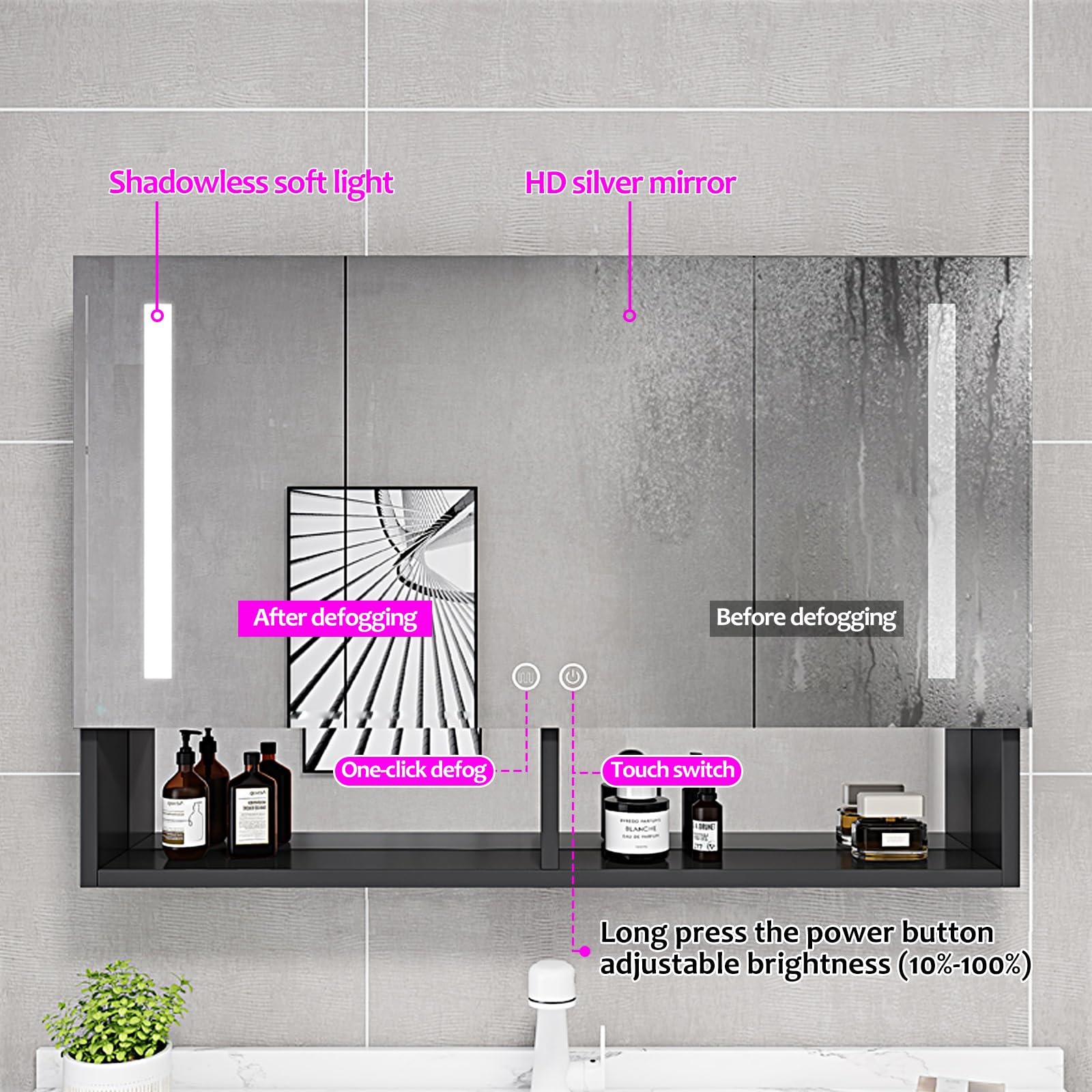 LED-Badezimmerspiegelschrank mit Beleuchtung, 90 x 68 cm, Anti-Beschlag-Schminkspiegel mit Touch-Dimmer, 3 verstellbare Ablagen, modernes weißes Design für stilvolle Badezimmer