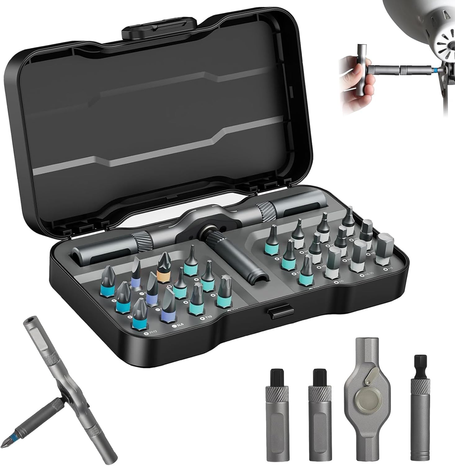 24 in 1 Magnetic Screwdriver Set, Ratchet Screwdriver Set Magnetic, DIY Ratchet Handle Detachable Versatile Toolkit for PC, Furniture, Bicycle (Grey)