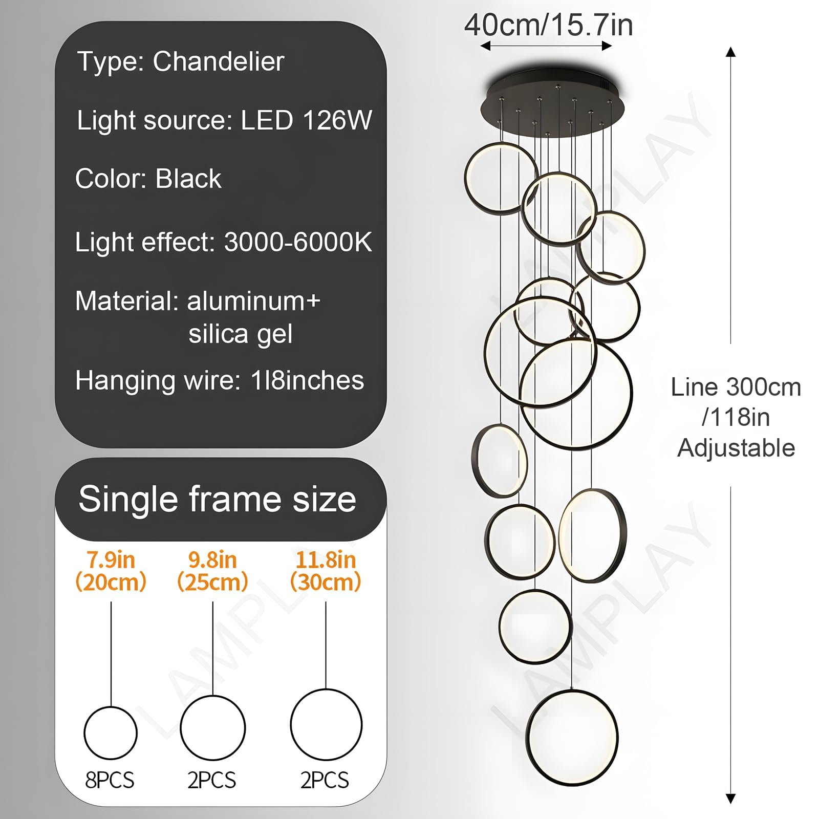 Lampadario A LED Per Scale Lunghe, Lampada A 12 Anelli Neri Per Soffitti Alti, Lampada A Sospensione Regolabile In Altezza Per Ingresso Fai Da Te, Dimmerabile Con Telecomando 3000K-6000K