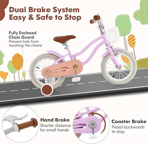 Miniatura 3 de COSTWAY Bicicleta para niños de 12, 14, 16, 18 pulgadas, bicicleta para niños con ruedas de entrenamiento, frenos de mano y posavasos, sillín y