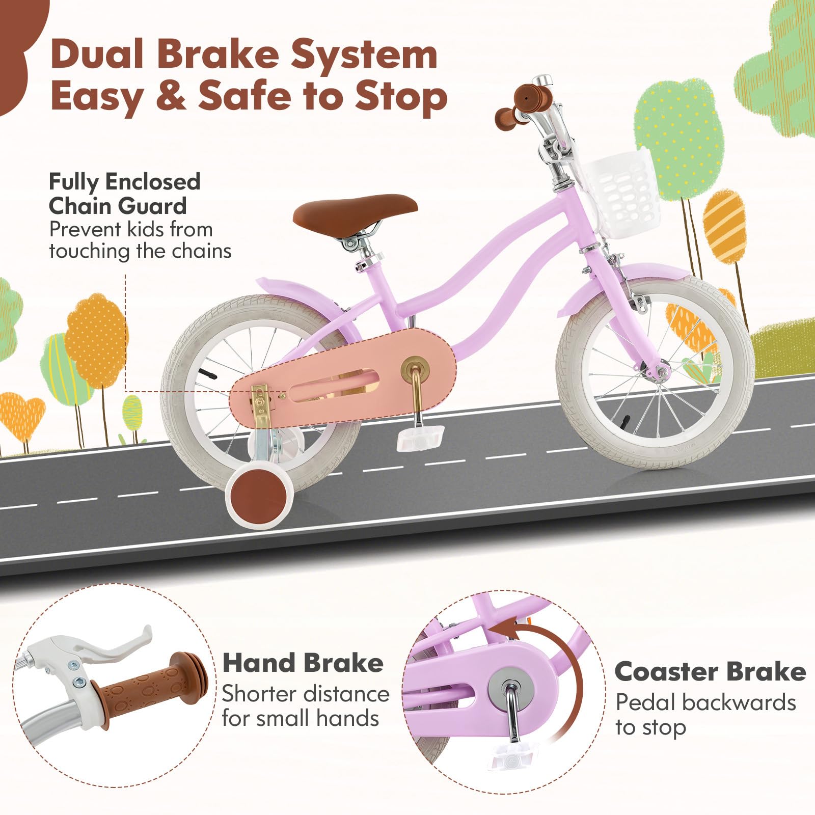 COSTWAY Kids Bike, 12 14 16 18 Inch Toddler Bike Children Bicycle w/Training Wheels, Hand & Coaster Brakes, Adjustable Saddle & Handlebar, Basket, Bell, Kids Bicycle for Girls Boys Aged 3-8 Years Old