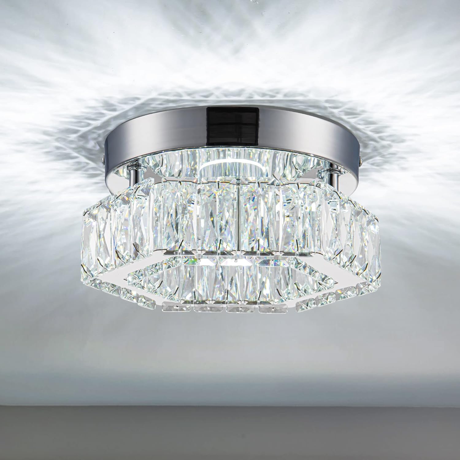 7.8” Crystal Ceiling Light Fixture, Mini Hexagonal Chandeliers 6500K Cool White Modern Flush Mount Ceiling Lights, LED Small Chandelier for Hallway Bedroom Foyer Kitchen Bathroom