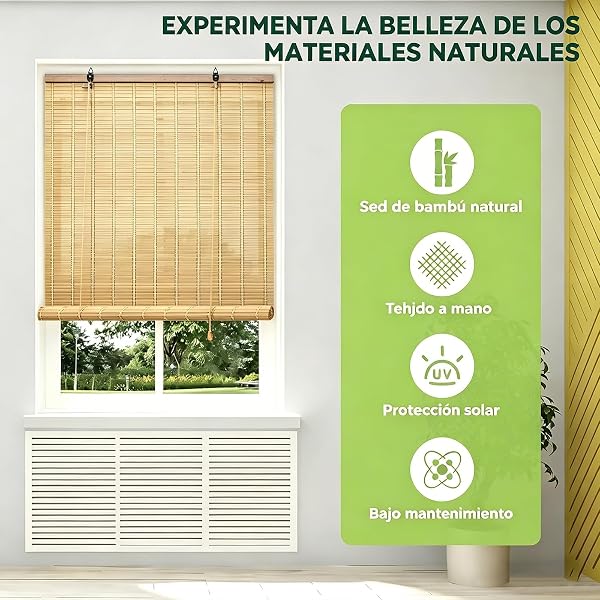 EasySpeed Persiana Enrollable de Bambú Natural (150x200cm), Cortina de Madera, Estor Ajustable de Ocultación para Exterior e Interior, Diseño Natural para Puertas y Ventanas, Marrón - 2