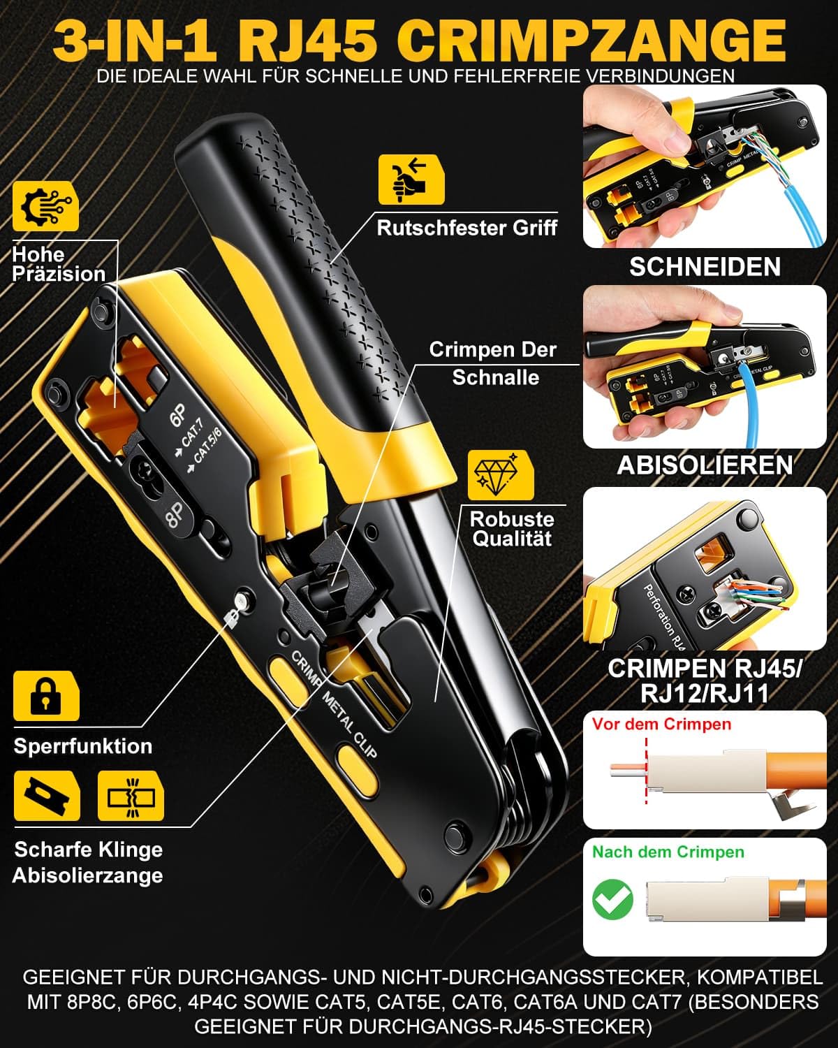 moveland Effizient Netzwerk Werkzeug Set - Rutschfest präzise RJ45 Crimpzange Pass-Through mit 15 x Cat6a / 15 x Cat7 Stecker, LSA Auflegewerkzeug, Netzwerktester für Heimwerker & Techniker geeignet