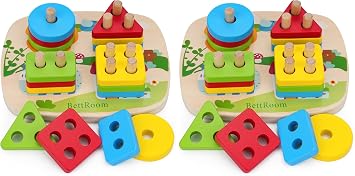 Toddler Toys 1 2 Year Old, Montessori Stacking Toys Colourful Wooden Sensory Toy Pre-school Learning Shape Sorter Judgment Geometry Building Blocks Stack Classification Puzzle Pack of 2