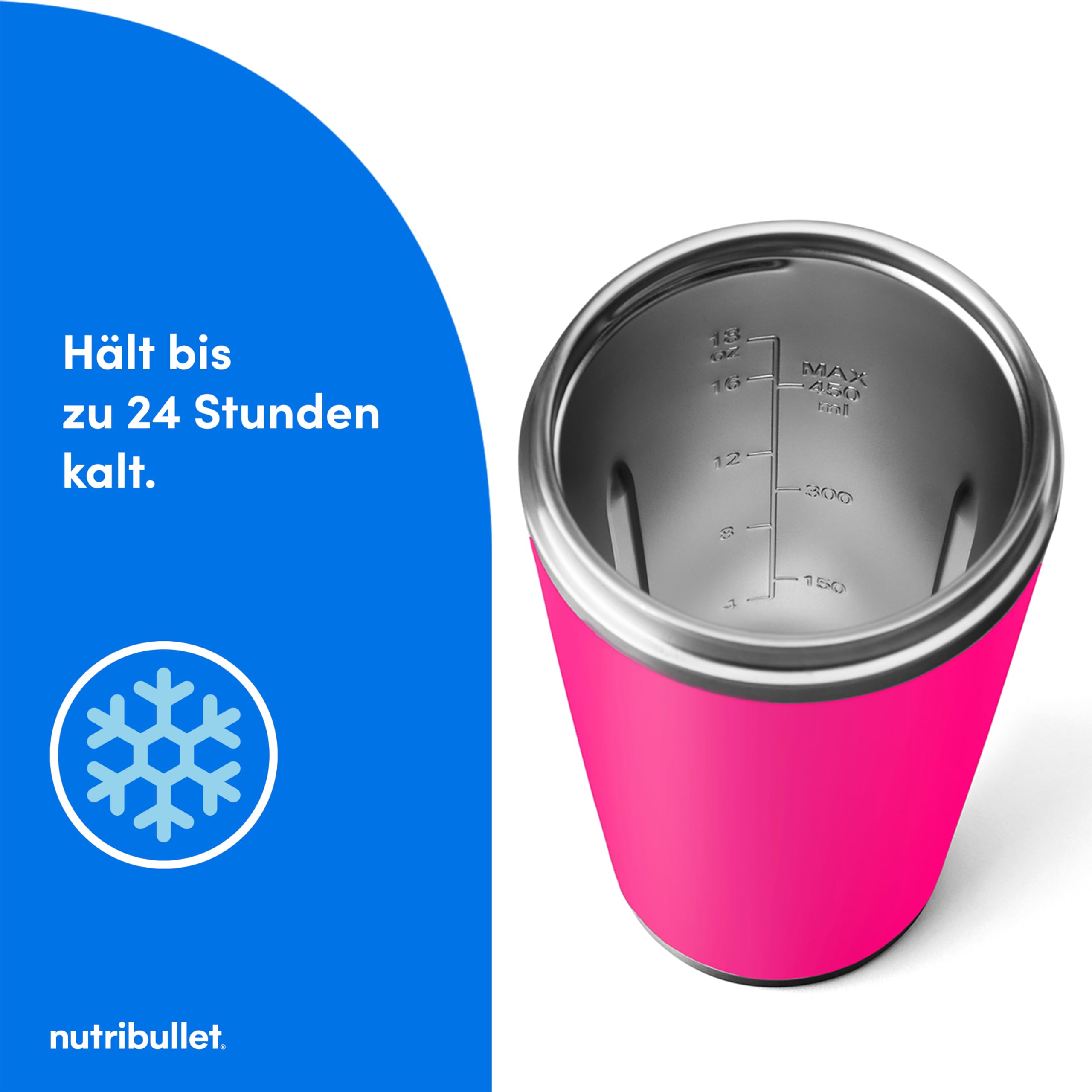 nutribullet Flip, Smoothie Mixer to go, 590 ml isolierter Edelstahl Thermobecher, hält 24h kalt, kabellos, wiederaufladbar (USB-C) für 14+ Mixvorgänge, Eiscrusher, Pink, NBP016MA