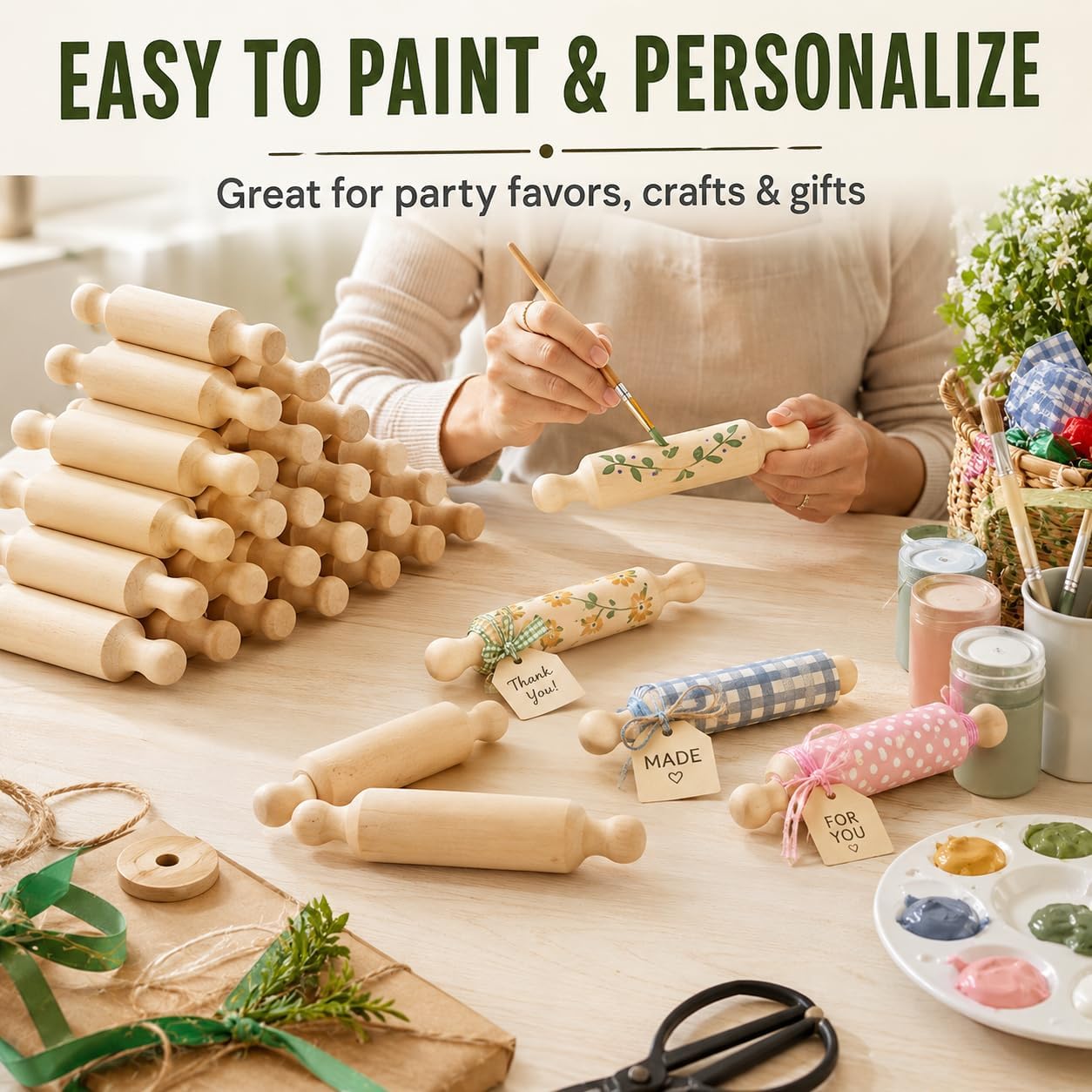 50Pcs Mini Rolling Pin, 5.5 Inches Mini Wooden Rolling Pins, Small Dough Rolling Pins for Imaginative Play and Baking Pastry Pizza Cookie Create, Halloween and Christmas Presents