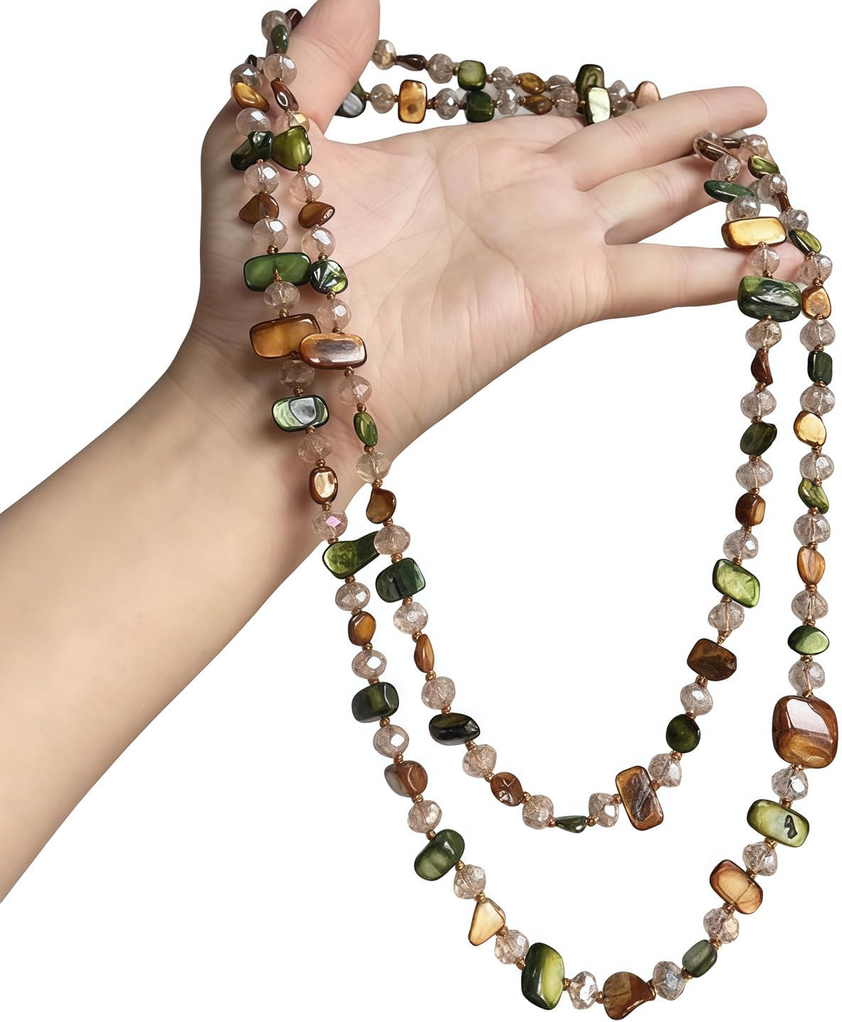 Colorful Irregular Beaded Long Necklace, Iridescent Handmade Sea Shell Crystal Glass Beads Vintage Chunky Layered Sweater Chain,Bohemian Style Costume Jewelry for Women