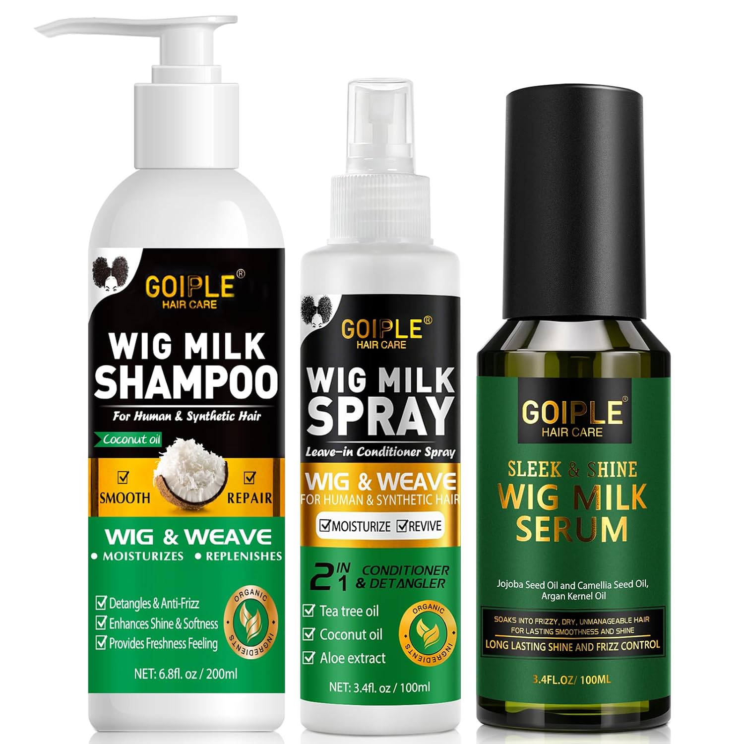 Wig Shampoo & Milk Spray & Wig Milk Serum for Synthetic Hair Human Wigs, Detangle and Anti-Frizz, Hydrates & Moisturizes Synthetic Wigs Conditioner ＆ Detangler Spray (3PCS)