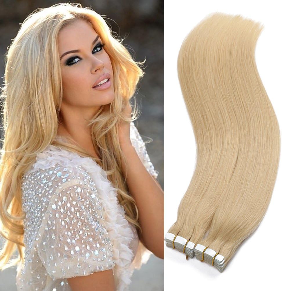 613 Blonde Tape In Hair Extensions Seamless Skin Weft Invisible Real Human Hair Piece 40Pcs 100g/Set Double Sided Full Thick Ends Tape in Hair Extensions 18Inch Long Silk Striaght for Women