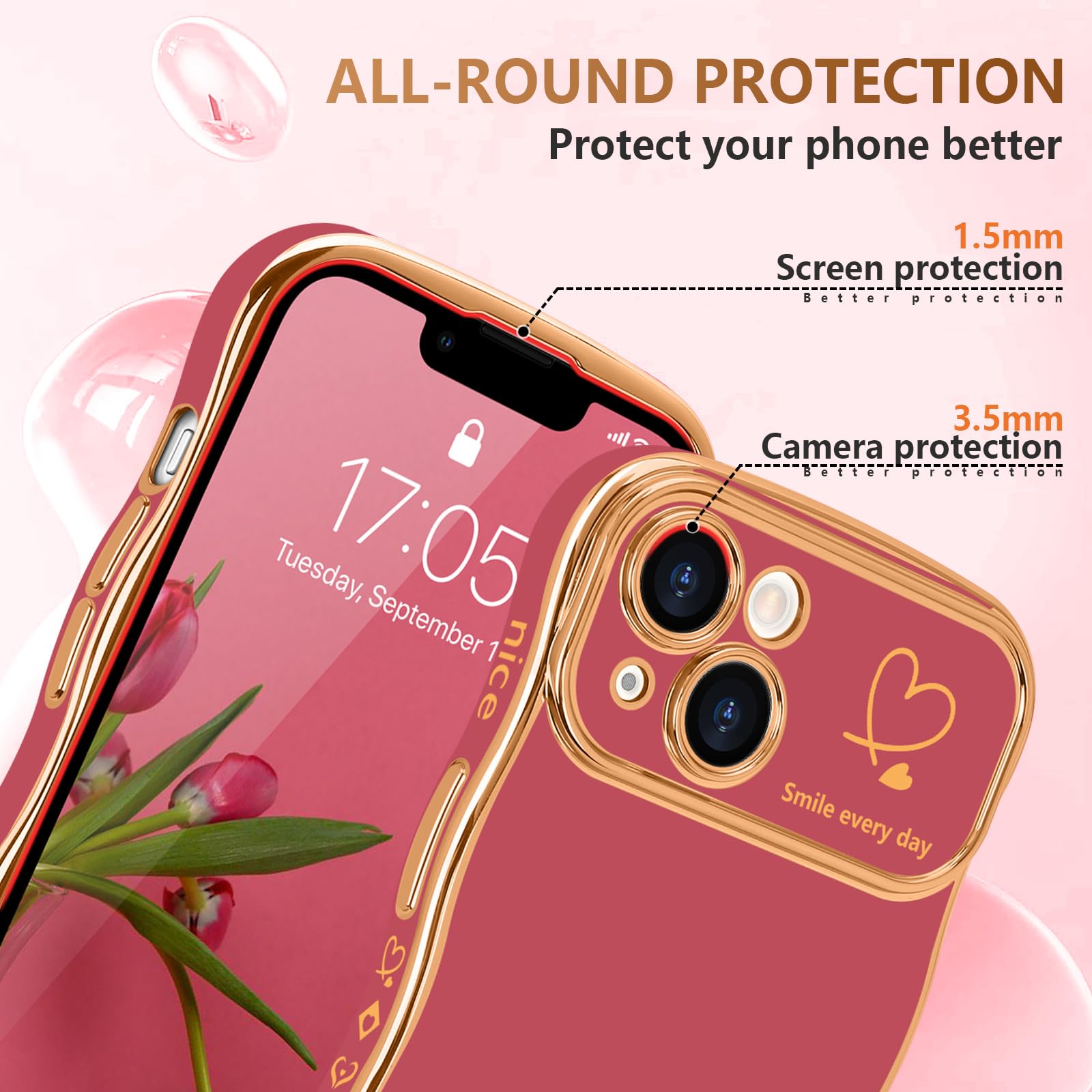 LCHULLE for iPhone 13 Case for Women Girls,Cute Curly Wave Frame Shape Love Heart Pattern Phone Case,Raised Camera Protection Luxury Plating Shockproof Cover for iPhone 13 6.1",Faint Red - Image 4