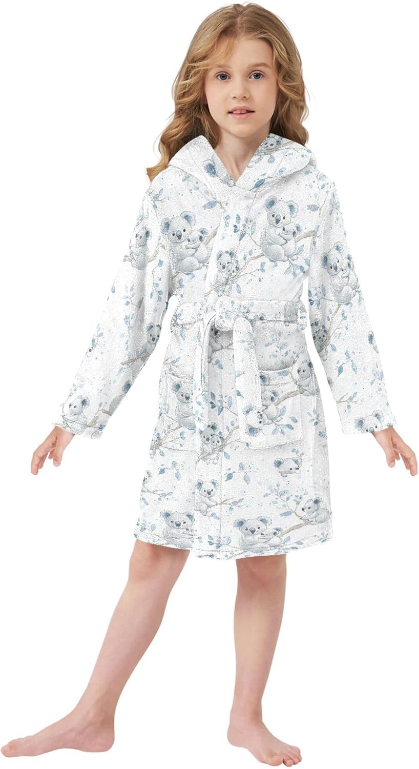 Koala Cute Blue Cartoon Bathrobe Hooded PJ Robe Plush Fleece Robe Pajama Sleepwear 2-12 Years