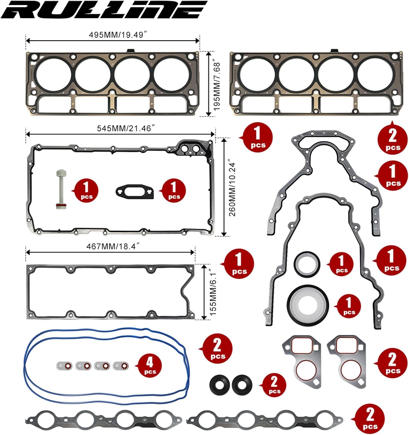RULLINE LS Gasket Set Kit and LS9 Head Gaskets Compatible with LS1 LS6 LQ4 LQ9 GEN III 4.8L 5.3L 5.7L 6.0L for Chevy Silverado GMC Sierra 1500 2500 3500 1999-2010 Replace 12622033 12585673
