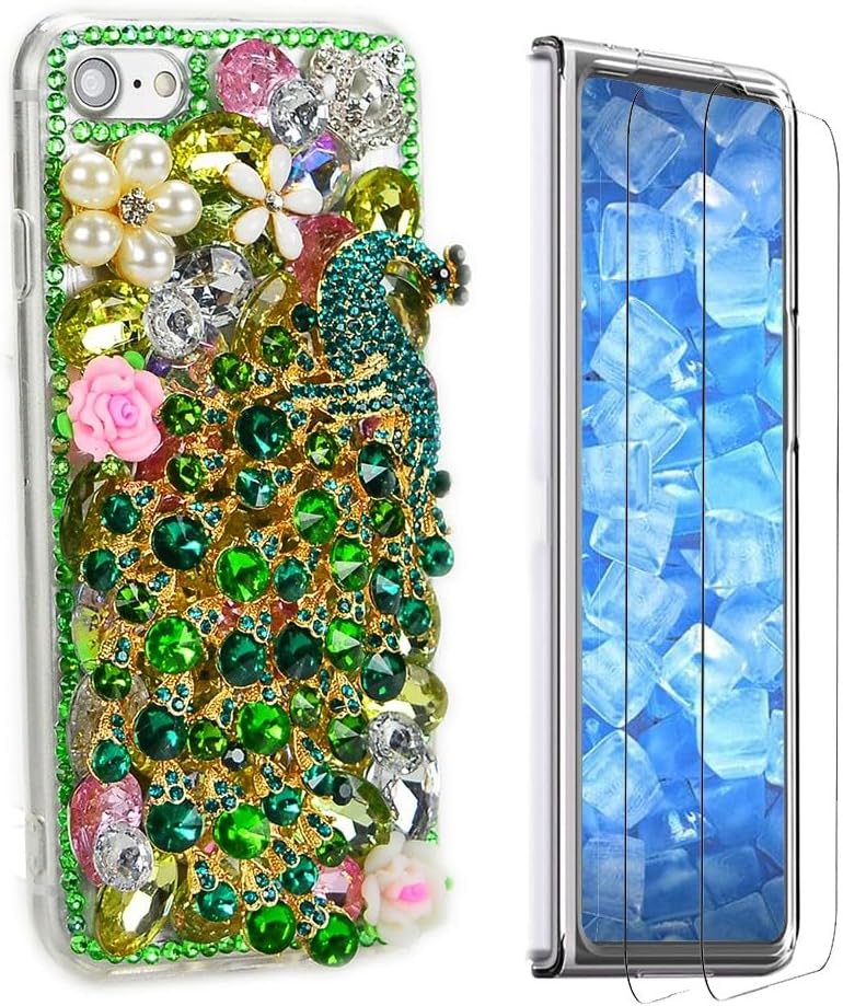 Glitter Phone Case Compatible with Samsung Galaxy Z Fold 3 5G - 3D Luxury Girls Women Shiny Design Handcrafted Cover with Screen Protector (2 Pack Front) - Bling&Blue Peacock
