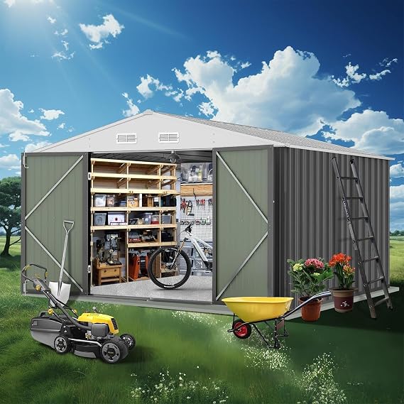 12 x 10 FT Outdoor Storage Shed, Large Metal Garden Shed with Updated Frame Structure & Double Lockable Door, Sheds & Outdoor Storage House for Patio, Garage, Backyard, Lawn, Gray