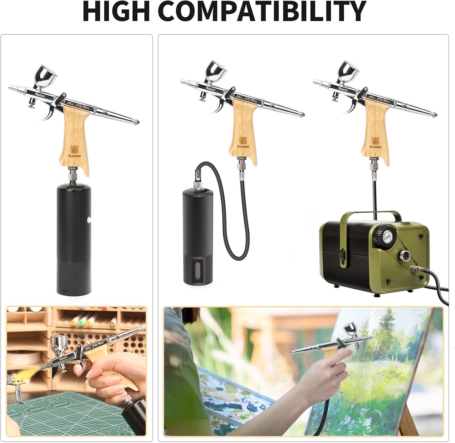 Bucasso Airbrush Kit, Air Brush Spray Gun with 0.3mm/0.5mm/0.8mm Needles/Nozzle Sets, 3cc/7cc/11cc Replaceable Fluid Cup for Painting Model Nails Cake Tattoo Makeup