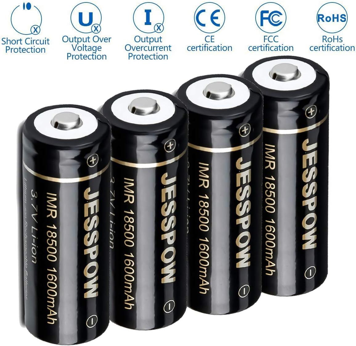 Certifications and protection features for JESSPOW batteries: Short Circuit Protection, Output Over Voltage Protection, Output Overcurrent Protection, CE, FCC, RoHS.