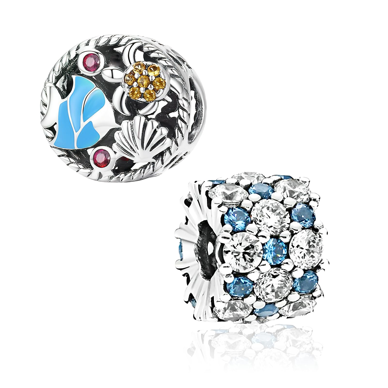 2PCS Summer Oceanic Charms 925 Sterling Silver Dangle Pendant Charm Beads with Cubic Zirconia, Blue Diamond Bracelet Charm Fashion Jewelry Fits for Pandora Bracelet DIY Making Gift for Women Girls
