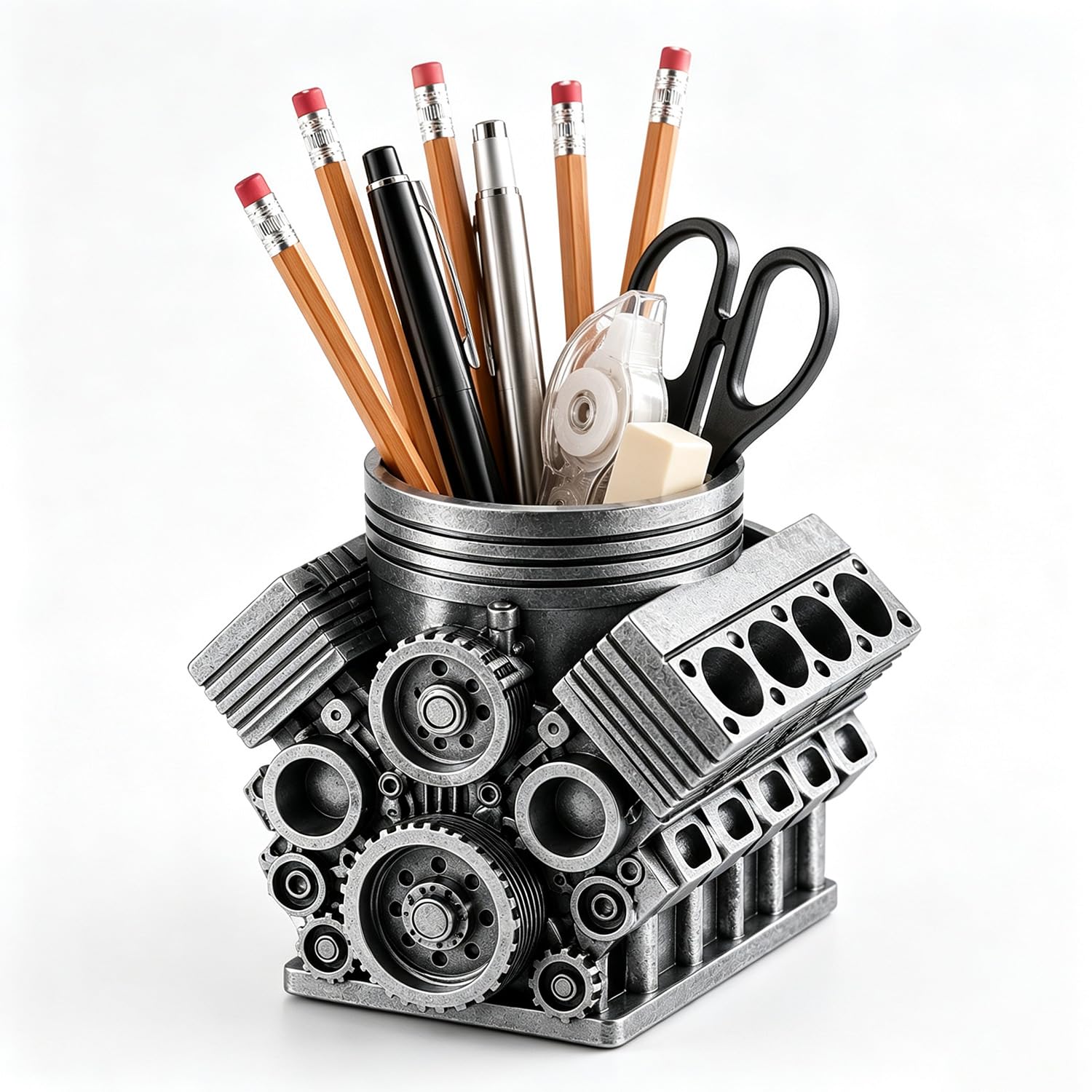 V8 Engine Pen Holder for Desk, Silver Resin Desk Pen Pot, Car Gifts for Men