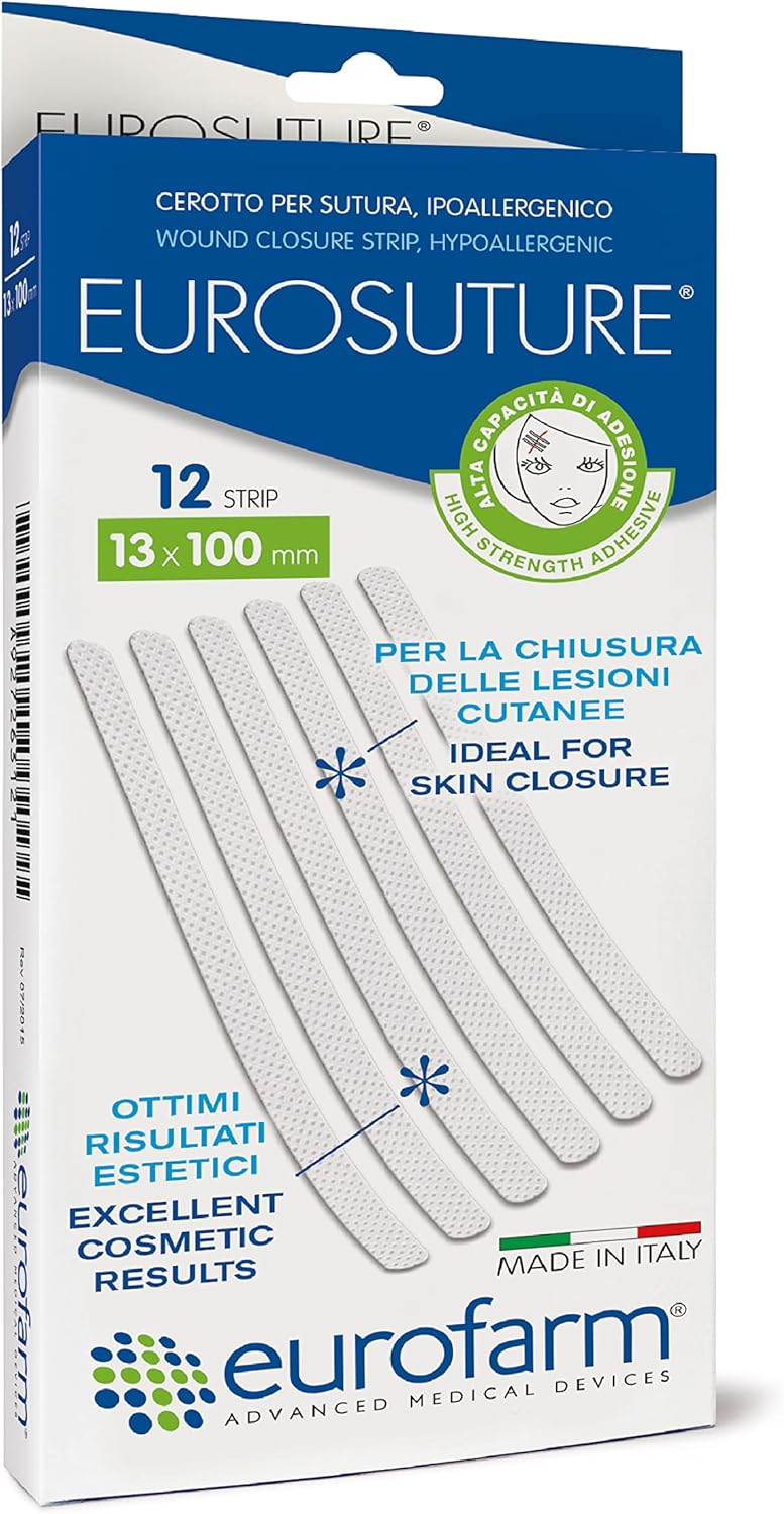 Eurosuture - Skin Closure, Hypoallergenic, Reinforced, Round Ends, 1/2 x 4 inch, 12 Strips per Box