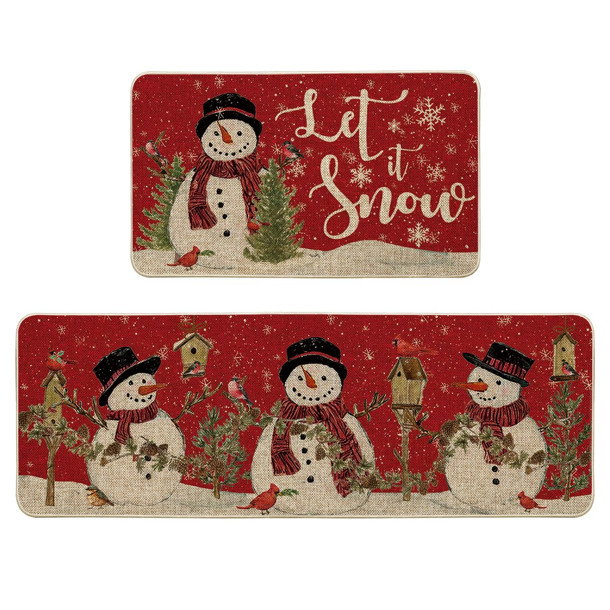 Artoid Mode Red Let It Snow Snowman Cardinal Bird Christmas Kitchen Mats Set of 2, Winter Home Decor Low-Profile Kitchen Rugs for Floor - 17x29 and