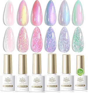 Born Pretty 6 Colors Pearl Gel Nail Polish Set,Aurora Iridescent Shimmer White Pink Purple Mermaid Glitter Gel Polish Shell Swirl Thread Effect Glitter Silk Soak Off U V LED Gift for Women & Girls