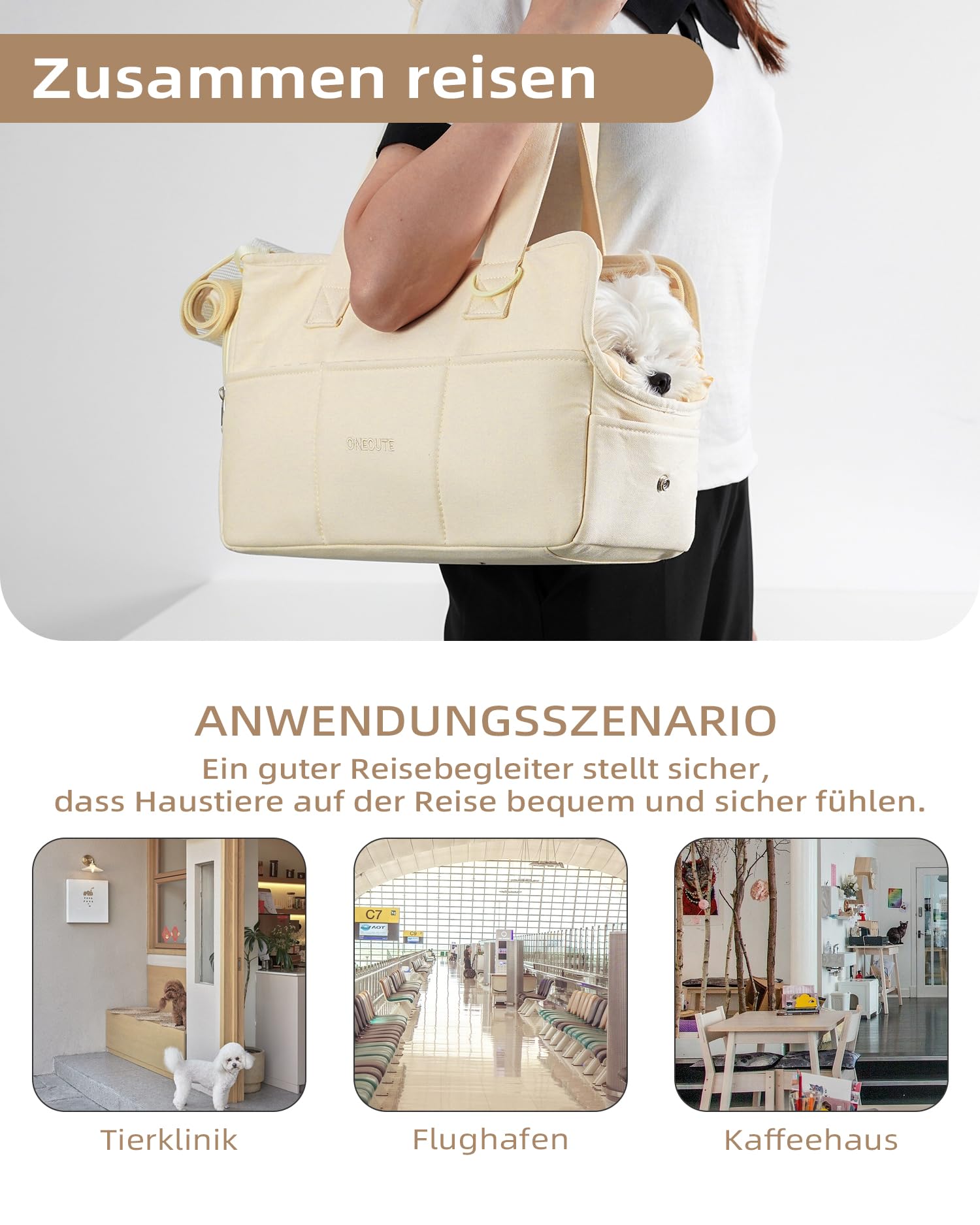 ONECUTE Hundetrage für kleine Hunde Kaninchen Katze mit großen Taschen, Baumwolltasche, Hundetrage Soft Sided, zusammenklappbar Travel Puppy Carrier (Beige, 34 * 16 * 25 cm ±1-2 cm Handgemessen)