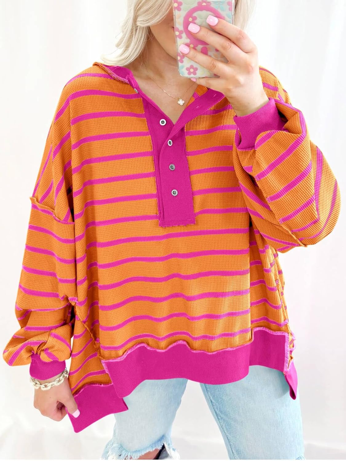 Tankaneo Womens Oversized Striped Sweatshirts Henley Shirts Color Block Casual Pullover Waffle Knit Tops - Image 4