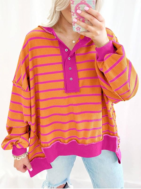 Tankaneo Womens Oversized Striped Sweatshirts Henley Shirts Color Block Casual Pullover Waffle Knit Tops Orange image 5