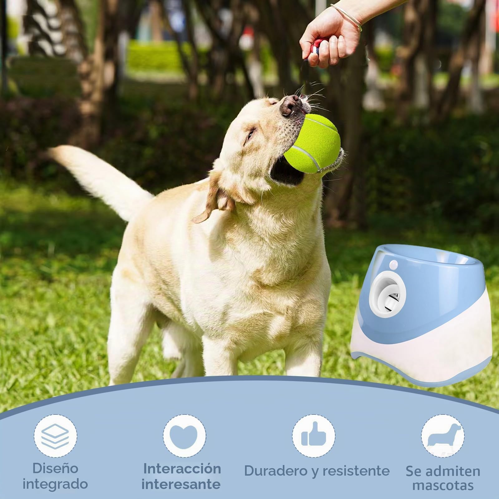 Lanzador de bolas para perros automático, lanza bola para perros con 6 bolas, distancia ajustable 3-9m, lanzador de bolas automático interactivo para perros, juguete de entrenamiento interior al aire
