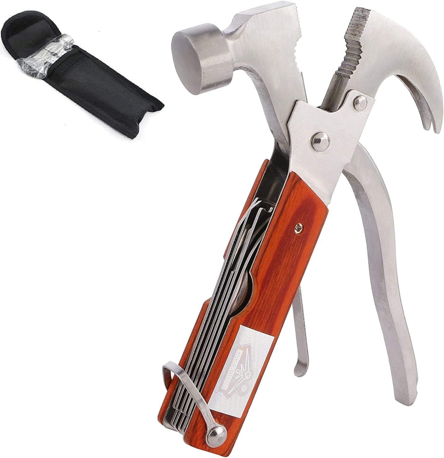 DOCOSS- 14 in 1 Multi Functional Multitool Claw Hammer for Home Use Car Glass with Axe, Knife, Screwdriver, Saw, Bottle Opener, File, Perfect for Camping, Survival,Outdoor(Wood)