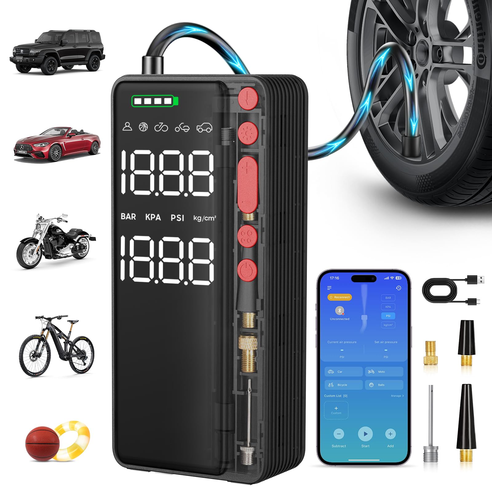 Demkia Gonfleur Pneus Voiture sans Fil, 10000mAh Mini Compresseur à Air Portatif, Portatif Gonfleur Electrique, 150 PSI avec Écran Numérique et Éclairage LED pour Vélo, Voiture, Moto, Ballon
