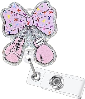 Glitter Boxing Gloves Cancer Fighter Badge Reel Retractable, Cute Cancer Awareness Badge Holder for Oncology Nurse & Chemo Nurse, Cancer Ribbon Bow Badge Clip, Oncologist Acrylic Badge Reel for Work
