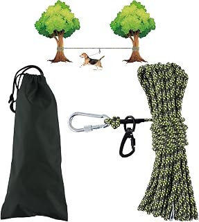 Dog Tie Out Cable for Camping, 50ft Portable Overhead Trolley System for Dogs up to 300lbs, Camping Leash for Yard, Reflective Dog Tie Out Cable for Parks and Outdoor Events (Green)