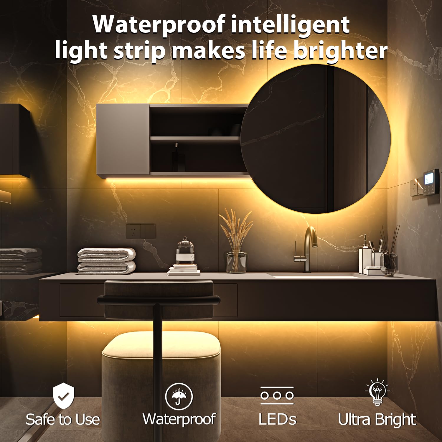 GUOTONG Hollywood Style Vanity Make Up Light, 16.4ft /5m Warm White Neon Light Strip Ultra Bright Indoor White LED neon Lights, for Makeup Vanity Table & Bathroom Mirror, Mirror Not Included
