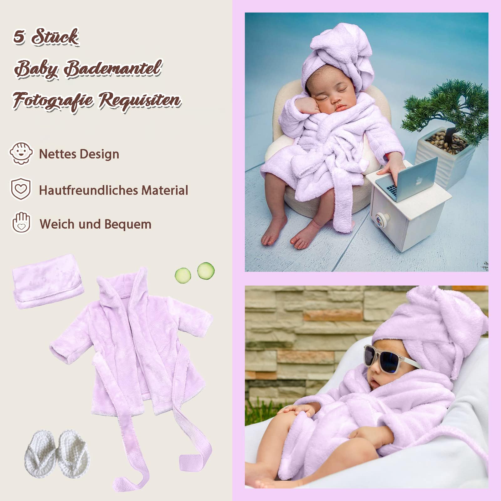 Neonato Fotografia Puntelli, Viola Vestiti Baby Photoshoot, Costume Neonato Telo da Bagno Vestito con Pantofole e Cetriolo, Prop Outfit per 0-3 mesi (Viola)