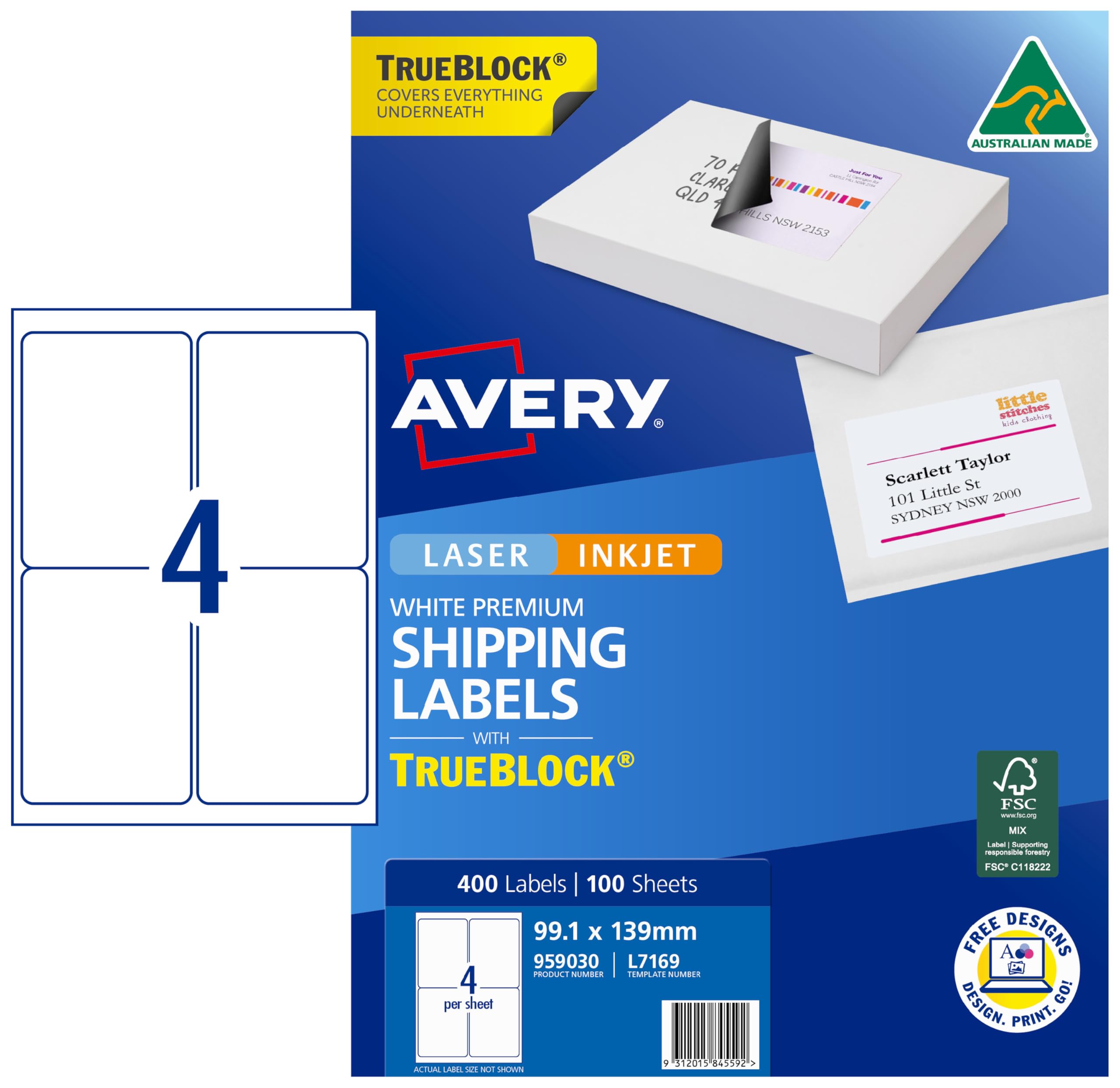 Avery Trueblock® Lot de 400 étiquettes d'expédition pour imprimantes laser 99,1 x 139 mm