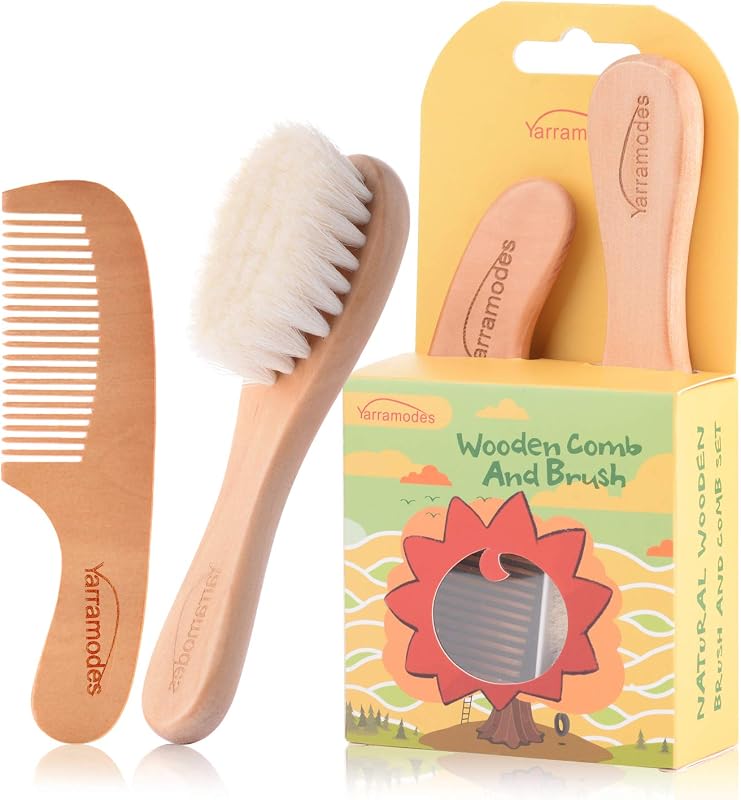 YarraModes Baby Goat Hair Brush and Comb Set for Newborns & Toddlers| Eco-Friendly Safe Brush | Natural Wooden Comb | Soft Bristles for Cradle Cap | Perfect Baby Shower and Registry Gift