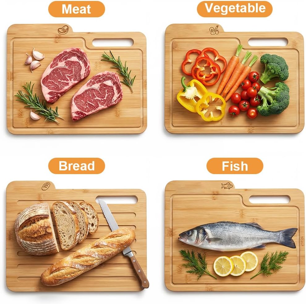 4 Pack 12.9"L x 9.5"W Bamboo Cutting Boards with Scalloped Holder, Labeled Wooden Cutting Board Set Food Icons, Wood Chopping Boards Organizer for Meat, Fish, Bread, Vegetable, Fruit (1 set)