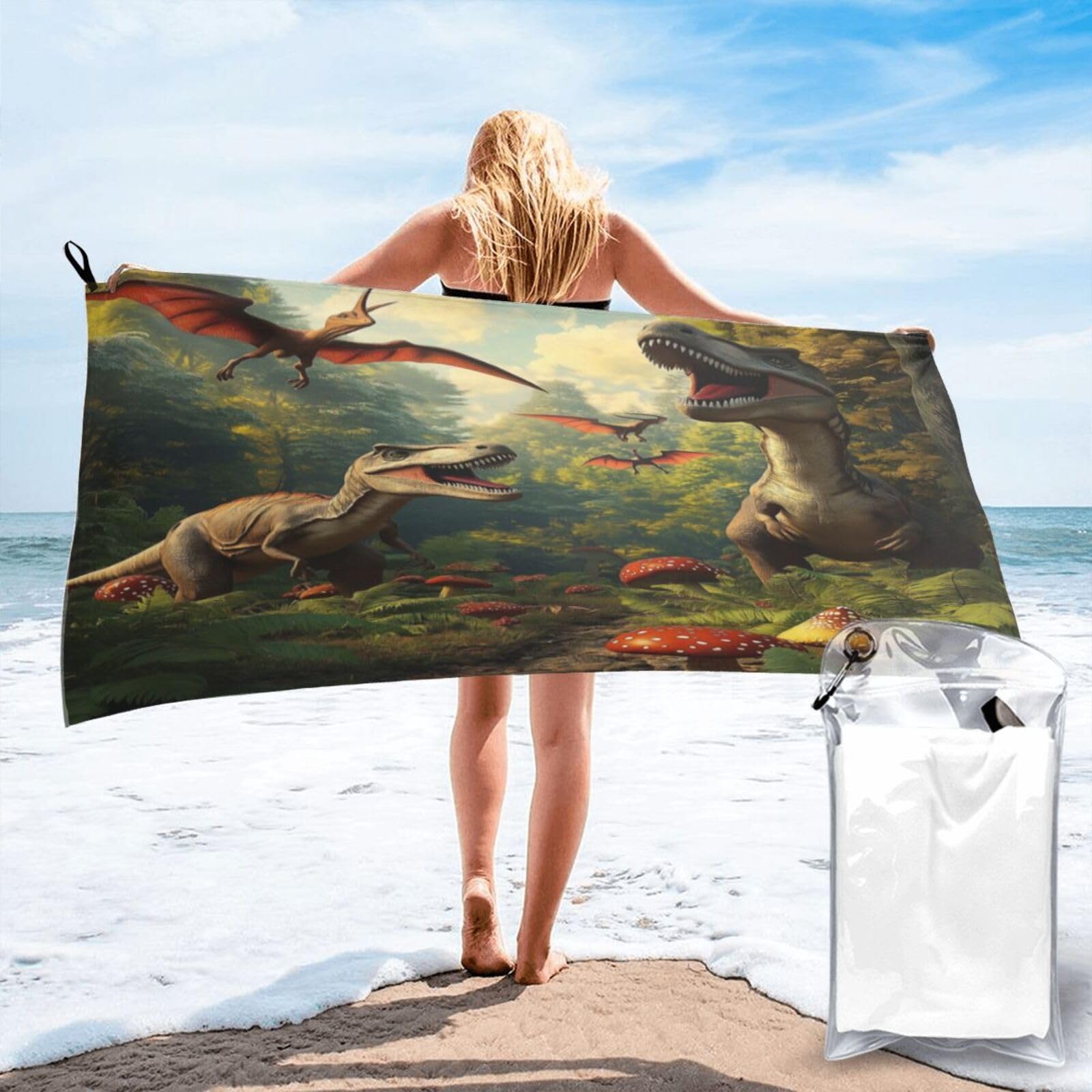 Anceky Dinosaur with Flying Pterosaurs, Mushrooms Quick Dry Microfiber Travel Towel with Carry Case and Carabiner 27.5"X55"
