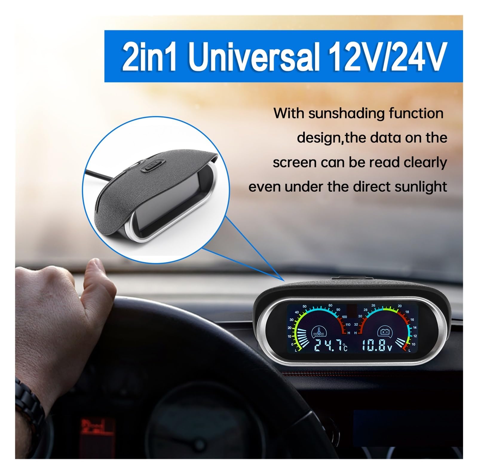 AD 2 En 1 LCD Indicador De Temperatura De Agua del Coche + Sensor De Temperatura del Agua 10mm Medidor Voltímetro Voltaje Digital Horizontal 12v 24v Accesorios