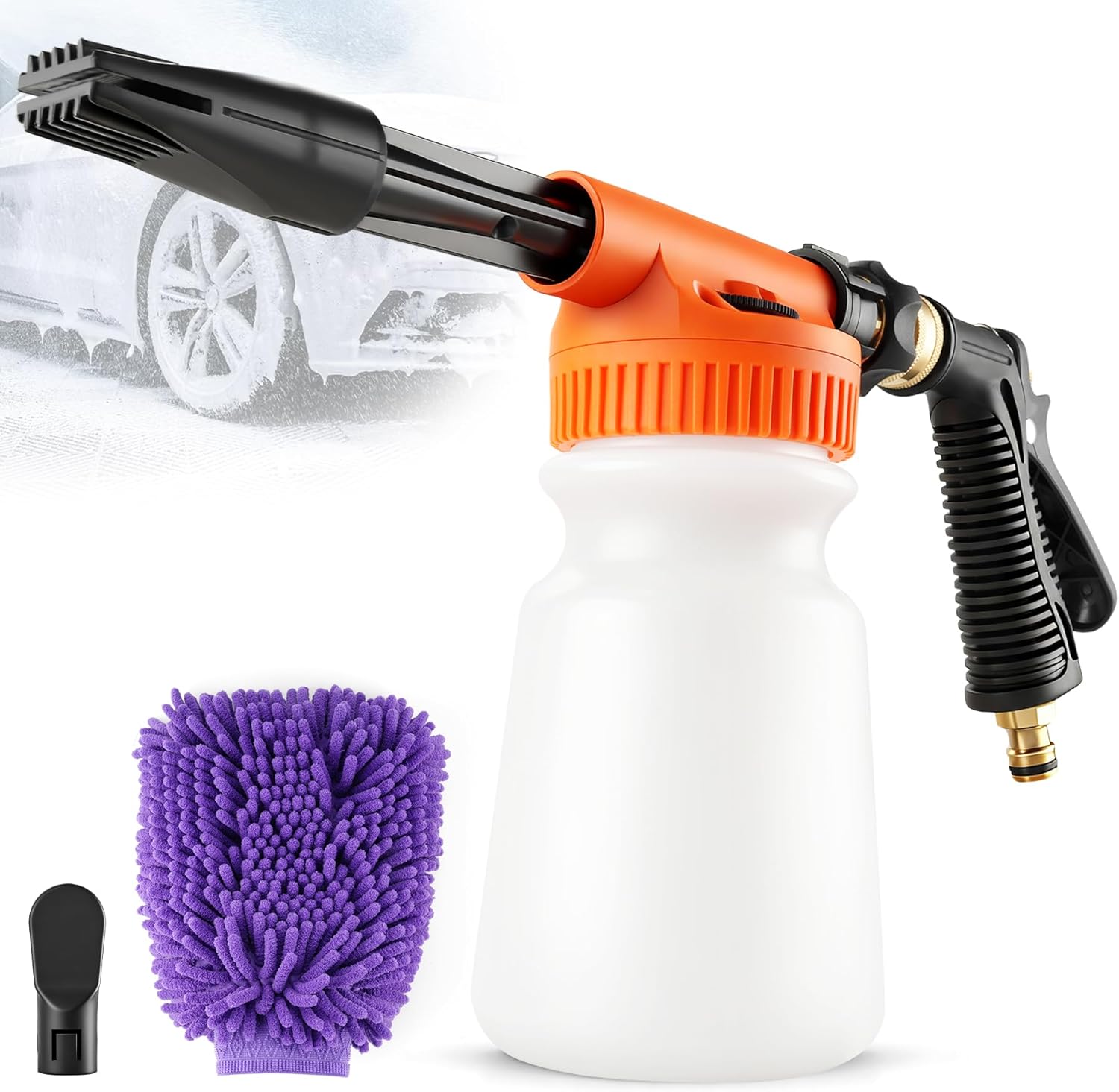 LivTee Car Wash Foam Gun – Hose Foam Cannon with 5 Spray Settings, Connects to Any Garden Hose, Scratch-Free Cleaning for Car, Truck & Boat, Includes Wash Mitt and Soap Applicator (Orange)