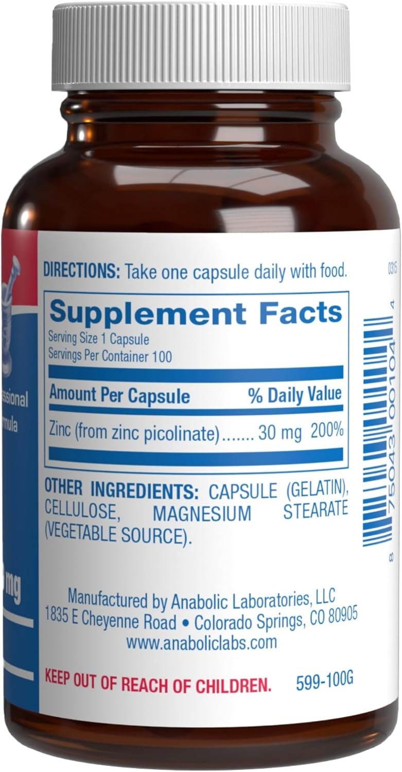 Chelated Zinc Picolinate 30mg - Clinically Formulated High Potency Zinc Supplement for Women & Men for Healthy Skin Bone & Immune System Support - Vegan Non-GMO & Easy to Swallow - 100 Servings