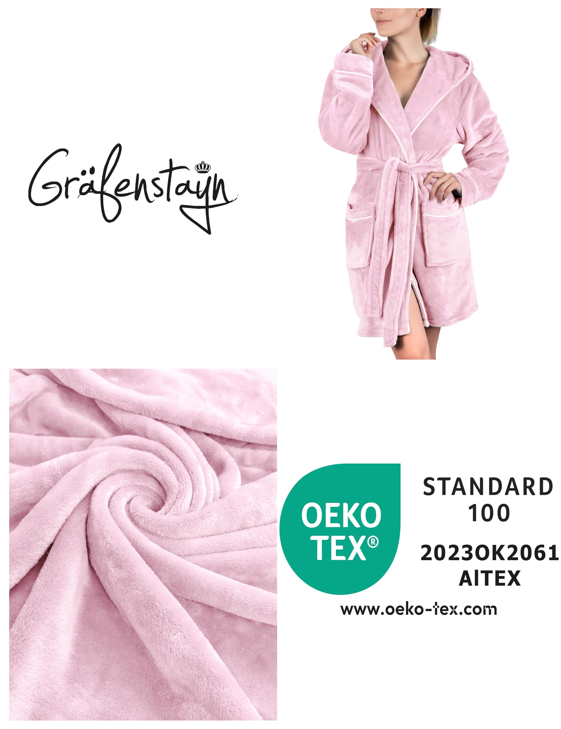 Gräfenstayn Peignoir Femme moelleux avec Capuche - Polaire moelleuse - Oeko-Tex Standard 100 - Peignoir de bain Court - Taille S - XXXL