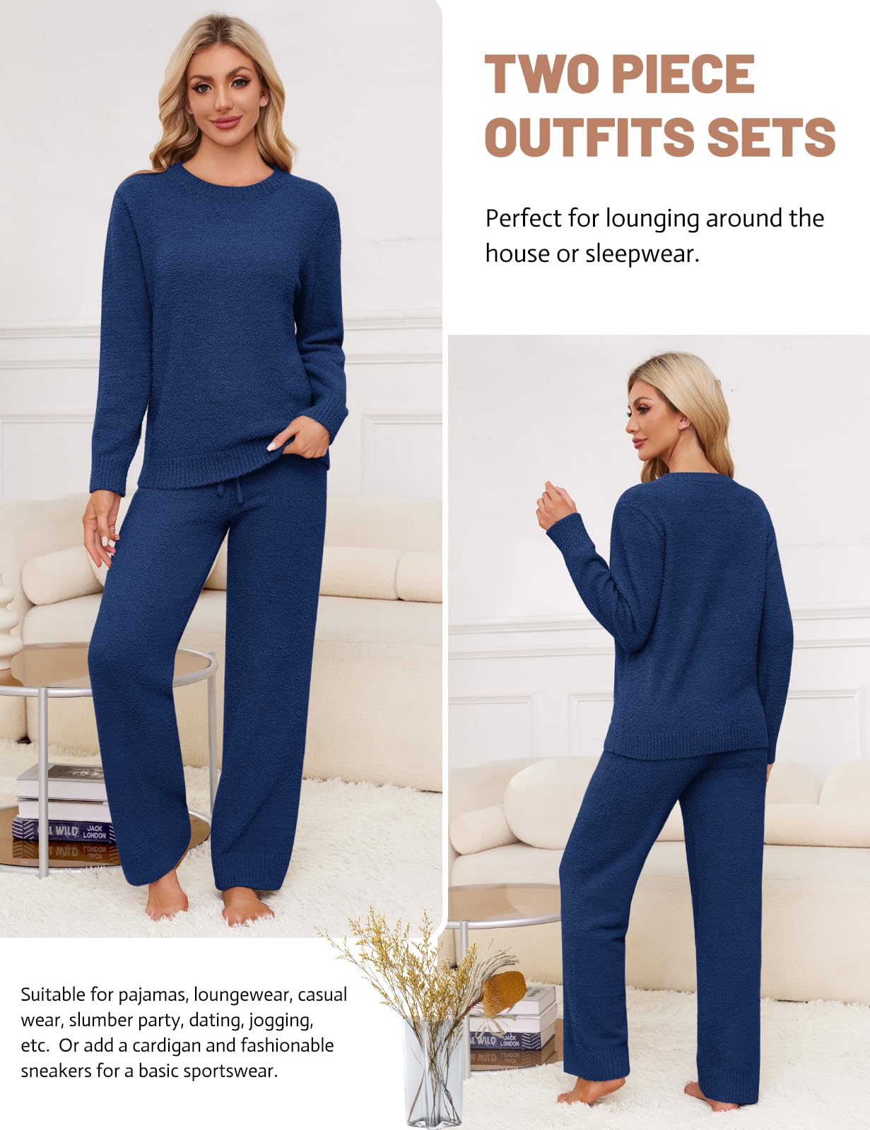 Pigiama Donna Invernale Lungo Tuta Donna Autunnale Invernale Completa Sportiva Due Pezzi Completo Elegante Pigiami Pile Felpa Manica Lunga e Pantaloni Larghi Casual Completi